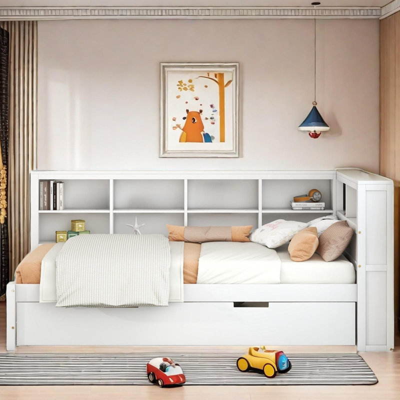Wooden Daybed With Twin Size Trundle, Storage Shelf And Usb Charging Ports, Twin, White