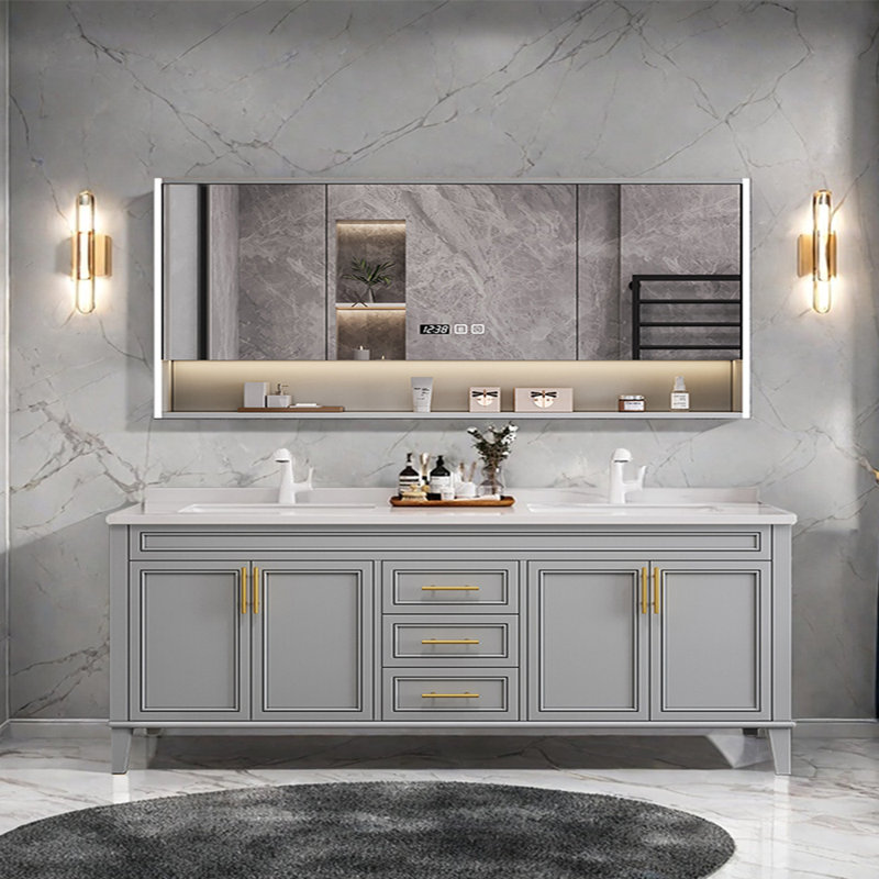 Armoire de salle de bain simple et moderne de style français, Gris clair, 32.28'' H x 74.8'' W x 21.65'' D