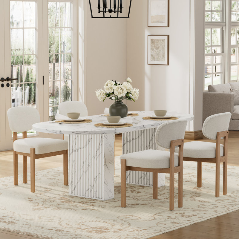 Ensemble de table de cuisine ovale à double piédestal, Beige, 5 Pieces: Table, 4 Chairs