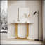 Console moderne en bois imitation marbre, conception étroite pour le salon et la chambre à coucher, structure en métal en forme de U doré, élégance peu encombrante