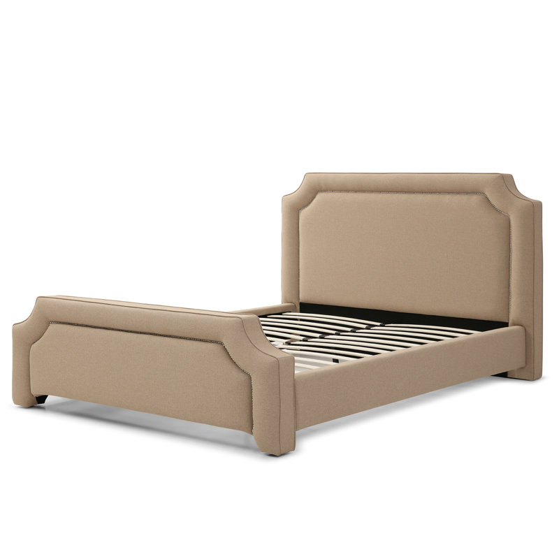 Elegant Upholstered Bed Frame With Nailhead Trim., King, Zuma Light Brown