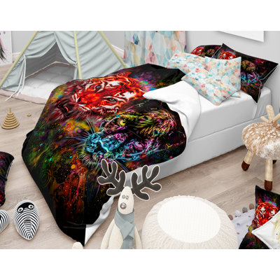 Tiger and Panther with Splashes - Animal Duvet Cover Set - Microfiber Polyester