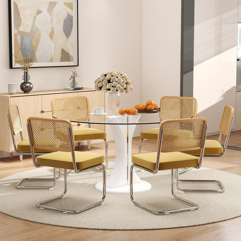 Ensemble de table de salle à manger haute brillance avec chaises en velours, Argenté / blanc, 7 pièces : table, 6 chaises
