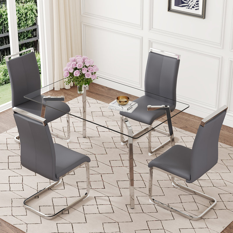 51'' Glass Dining Table Set, with Clear Tempered Glass Top, Ideal for Small Spaces, 5, Dark Gray