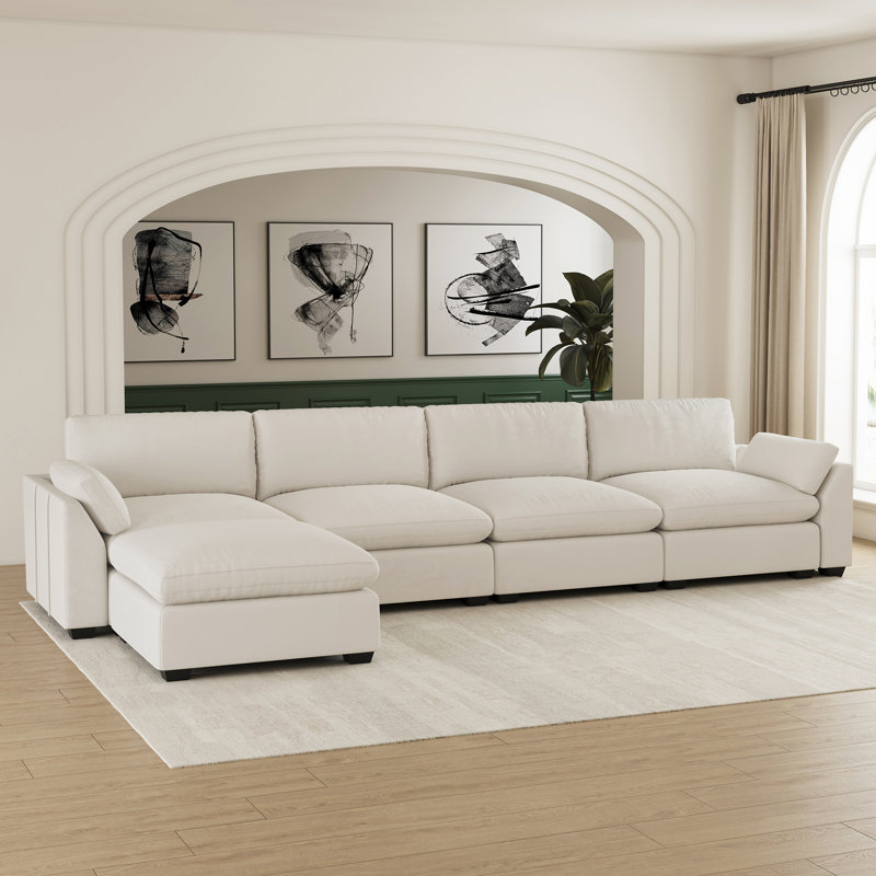 L-Shaped Velvet Modular Sectional Sofa With Movable Ottoman, Beige Velvet