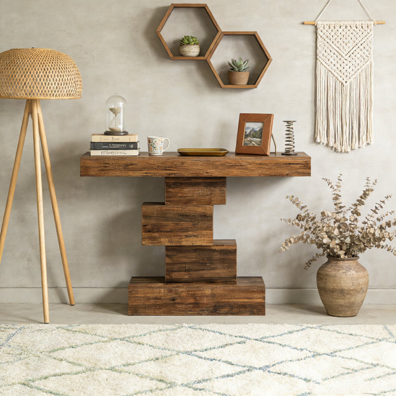 Wood Sofa Table Accent Table with Geometric Base, Rustic Brown