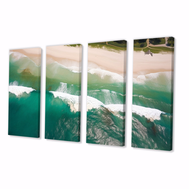Green Waves Aérienne vue III - plage côtière, ensemble de 4 décorations murales, H 28 po x l 48 po