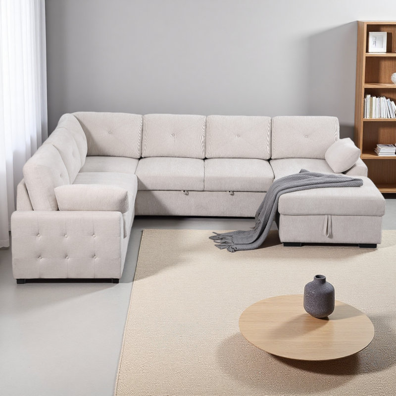 Multi - Functional L - Shaped Corner Sofa With Storage & Convertible Bed Features, Beige Chenille