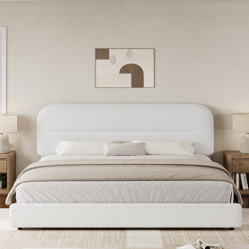 Queen White Boucle Upholstered Platform Bed Frame with Headboard