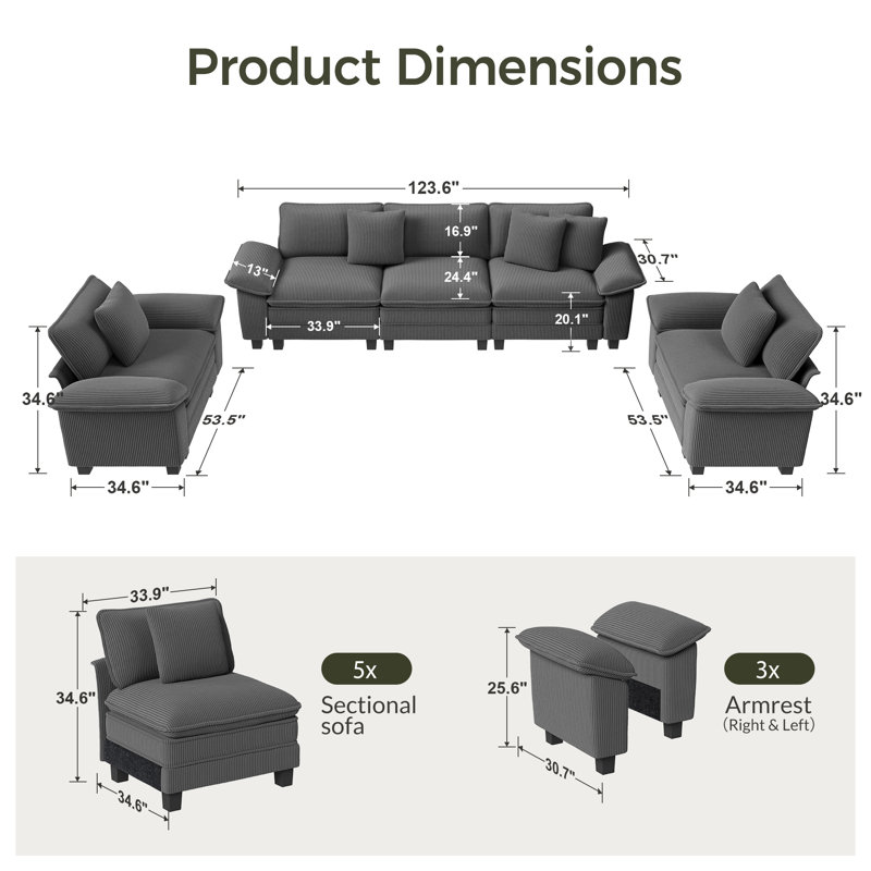 Ensemble de canapé modulaire rembourré 3 pièces, ensemble de canapé surdimensionné avec canapé et fauteuils