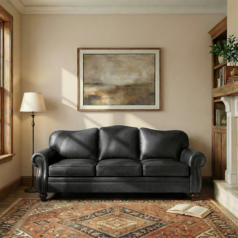 Eugene 81" Traditional Genuine Leather Sofa, Black