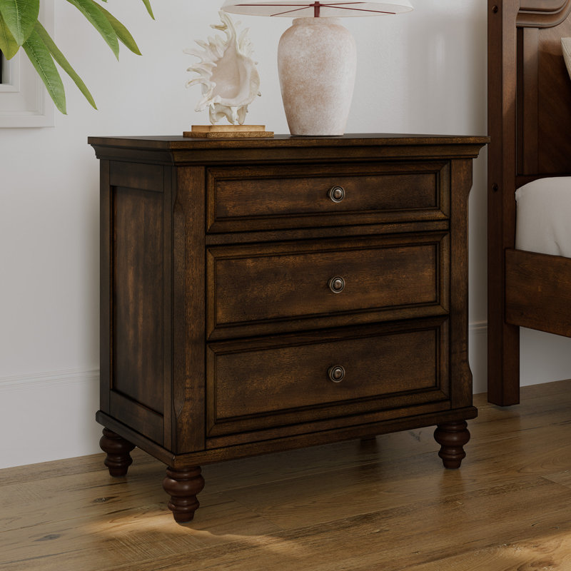 Orwell Solid Wood 3-Drawer Nightstand, Dark Walnut