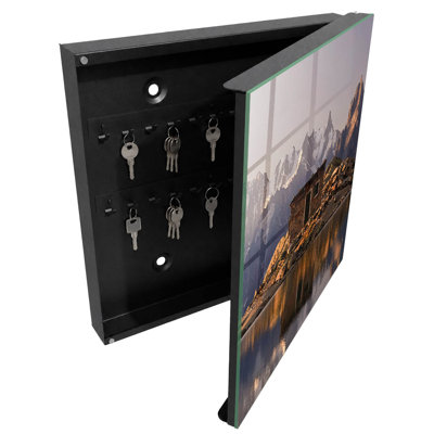 Decorative key box for wall, Opens to the left, 30x30x5, Black, Mountains and a house on the lake, 