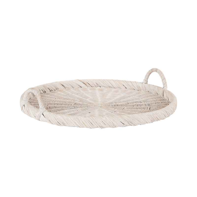 Plateau rond en rotin tissé, Bois blanc