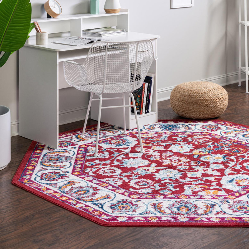 Tapis rouge à motif floral Arenas, Octogone 7 pi x 7 pi