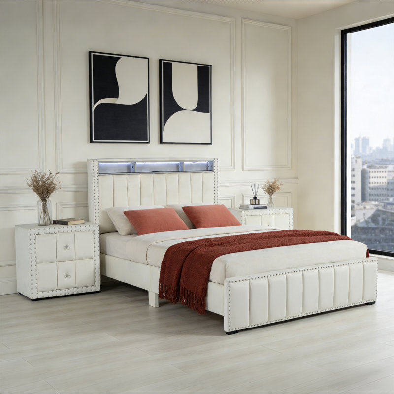 Ensemble de chambre moderne 3 pièces, lit plateforme rembourré avec station de recharge USB et éclairage DEL et deux tables de chevet