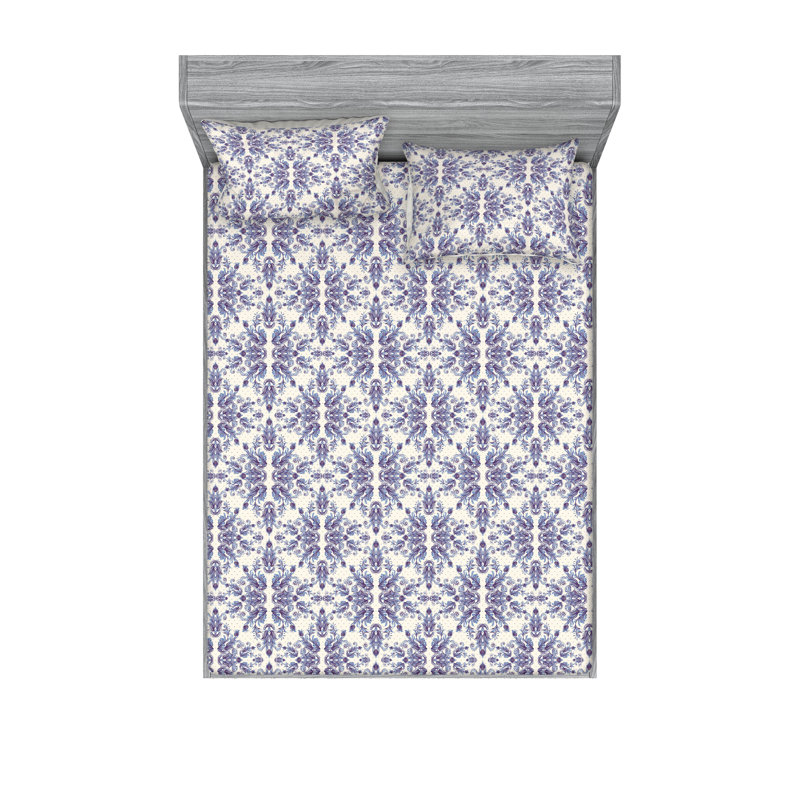 Ambesonne Fitted Sheet & Shams, King Sheet Set with 2 Pillowcases, Purple/Cell Blue/Ivory Flower
