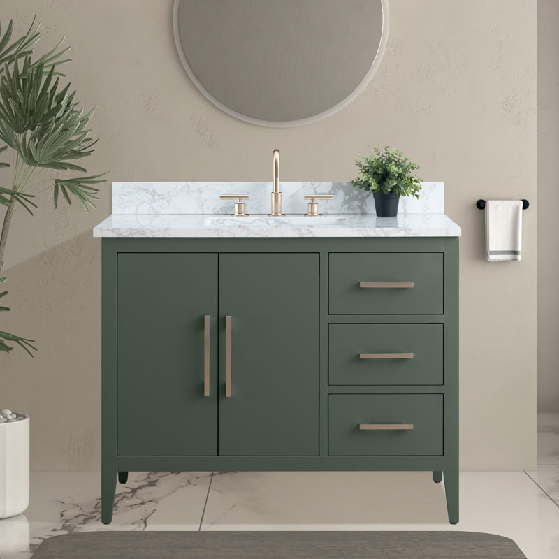 Meuble-lavabo simple 42 po avec plateau en marbre, Vert rétro, Nickel brossé