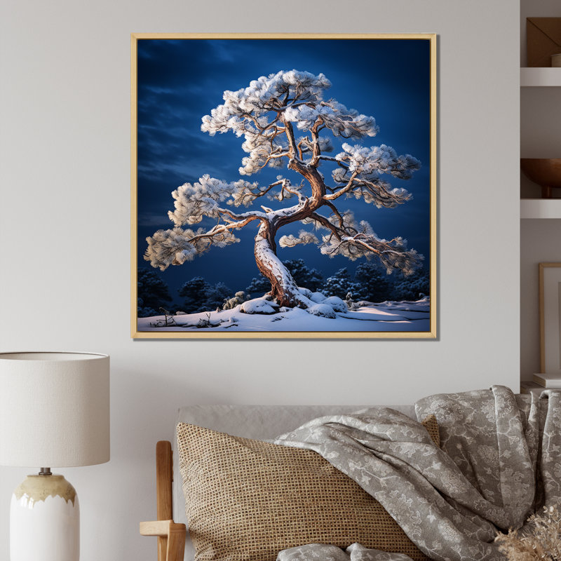Bonsai pureté en hiver sur toile, Cadre naturel flottant, H 16 po x l 16 po x P 1 po