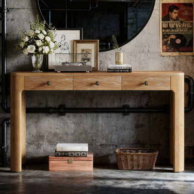 Console rustique avec coins arrondis pour la sécurité, table d'entrée avec 3 tiroirs dissimulés
