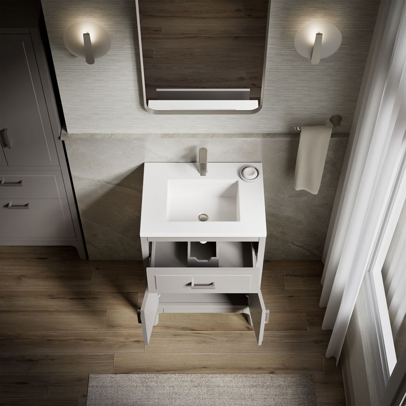 Seer Freestanding Single Bathroom Vanity Cabinet with Sink and Quartz Top, Mohair Gray, 24"