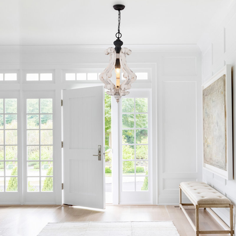 Ambrose 1-Light 12.6" Rustic Distressed Wood Dimmable Chandelier, Wooden Farmhouse Chandelier Kitchen Island Light