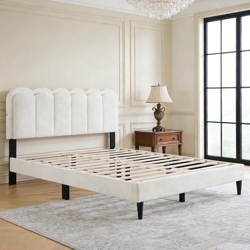 Base de lit tapissier Boucle avec tête de lit pétale et lumière ambiante, Lit double