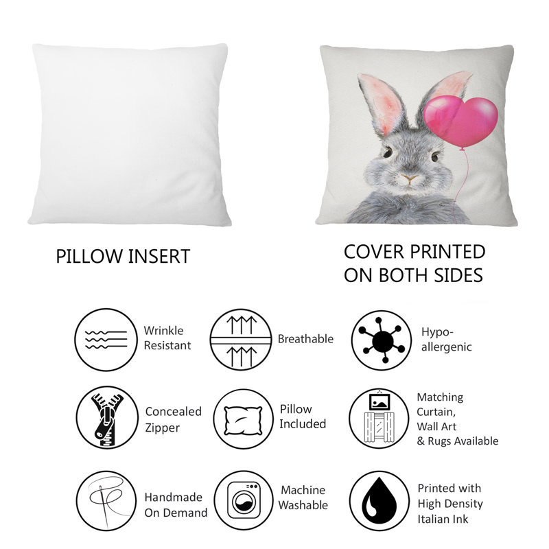 Lapin gris moelleux avec ballon rose - coussin décoratif traditionnel imprimé 1