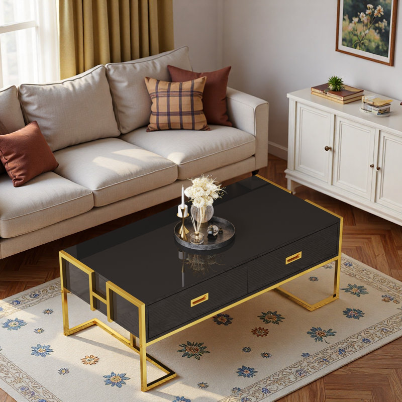 Table basse moderne moderne avec 4 tiroirs et base dorée, Noir
