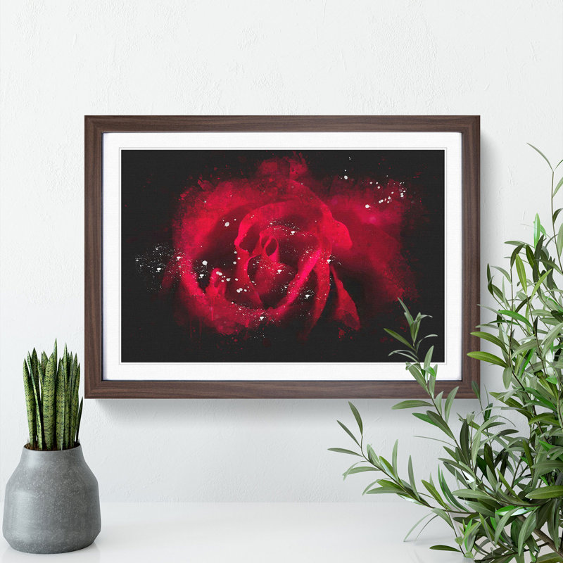 Drops Upon A Red Rose Paint Splash - Framed Print, 62cm H x 87cm W x 2cm D, Walnut Framed
