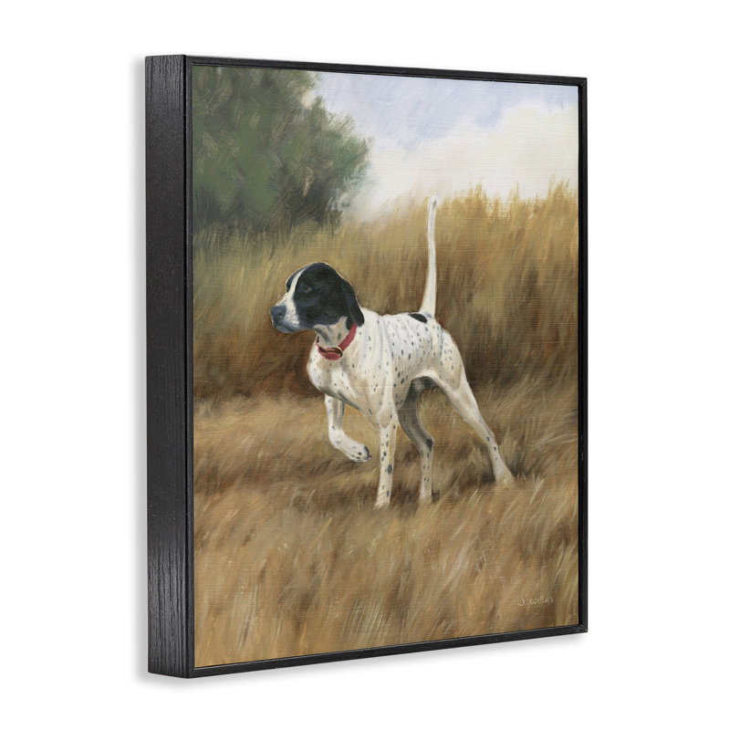 Chien pointeur dans un champ, H 20 po x l 16 po x P 1,5 po, Giclée encadrée noir minuit