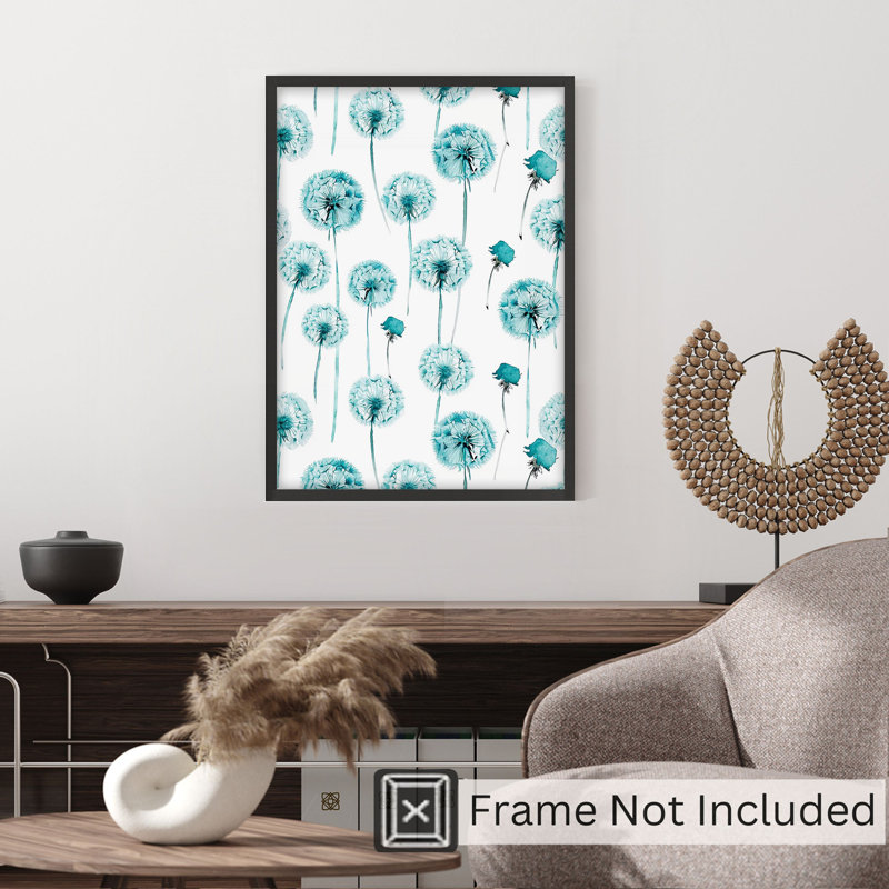 «Botanical Turquoise Teal Dandelions», reproduction d'art moderne sans cadre, H 20 po x l 16 po