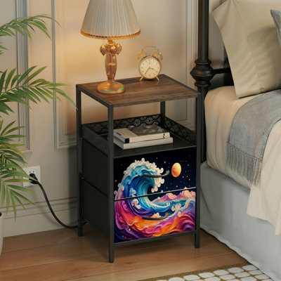Table de chevet 2 tiroirs avec station de charge, table de chevet pour chambre à coucher avec ports USB, tablette ouverte noire, table de chevet avec imprimé céleste vibrant
