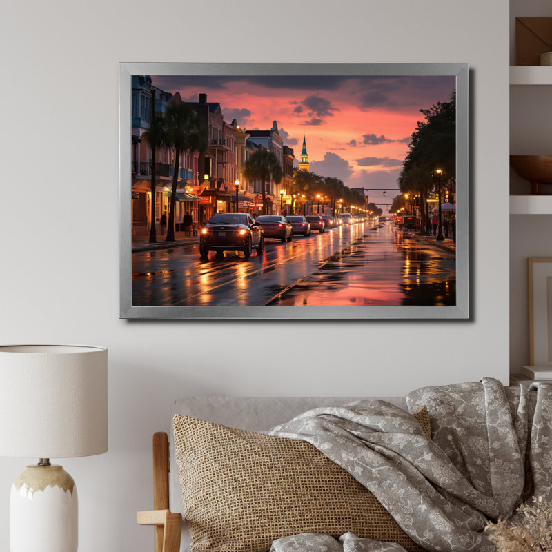 Charleston Beautiful Cityscape II - reproduction d'art sur toile, Cadre photo argenté, H 16 po x l 32 po x P 1 po