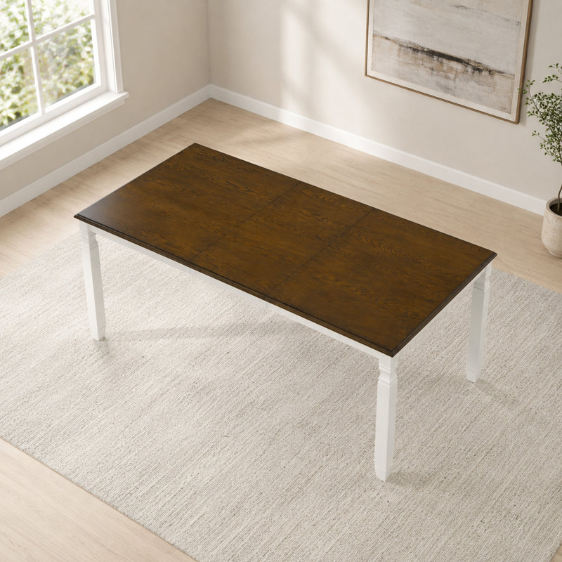 Table de salle à manger extensible de style ferme UNAROZ avec placage de chêne et pieds en hévéa massif, Beige