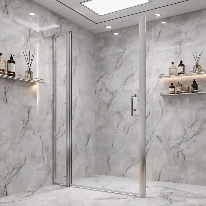 Porte de douche pivotante semi-encadrée chromée avec verre transparent, dimensions : 86 à 91 cm x 183 cm.