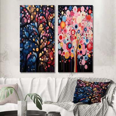 Arbre de fantaisie floral rose et bleu, arbre I - ensemble d'art mural africain en métal sur 2 arbres