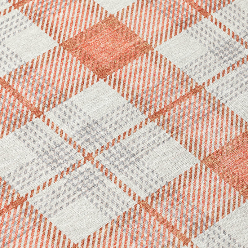 Coral and White Plaid Washable Synthetic Rug 2'6" x 3'10"