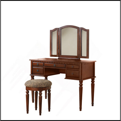 Bedroom Contemporary Vanity Set W Foldable Mirror Stool Drawers Cherry Color