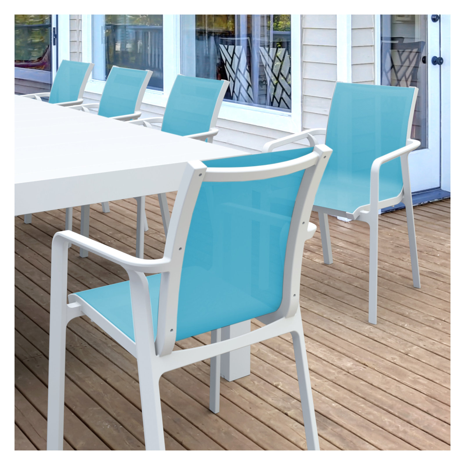Farrah 118'' Rectangular 10 - Person Outdoor Dining Set, White/Turquoise