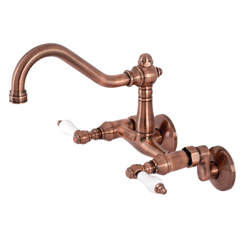 Kingston Brass Vintage Double-Handle 2-Hole Wall-Mount Bridge Kitchen Faucet, Antique Copper