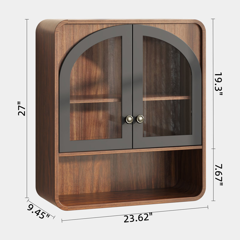27" H Wall Mounted Bathroom Cabinet, Wooden Medicine Cabinet with Arched Glass Door & Adjustable Shelf, Open Shelf, Hanging Organizer for Living Room, Kitchen, Walnut Brown