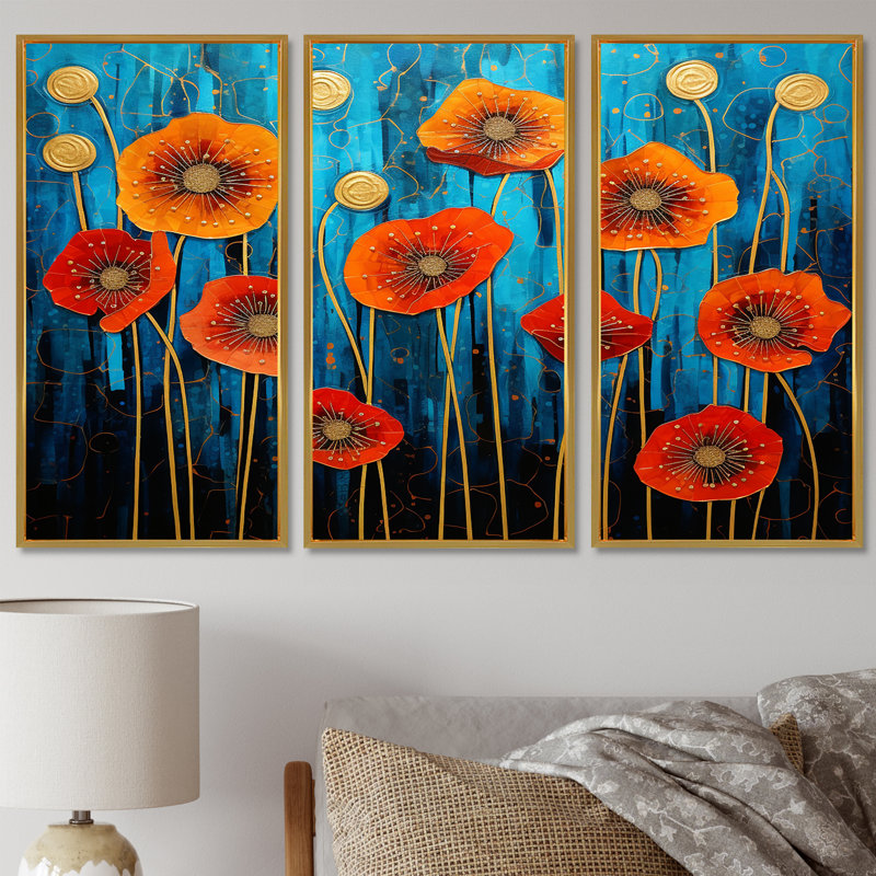 Red Poppies Magical Night - ensemble de reproductions d'art mural coquelicots, Cadre flottant doré