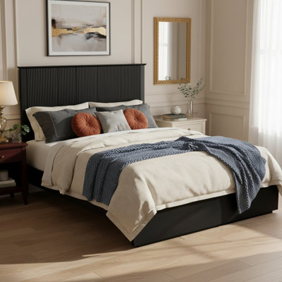 Stylish King Size Bed Frame - Black Solid Wood King Bed, 600lbs Weight Limit, Compatible with 8 - 10" Mattress, Contemporary Bedroom Furniture