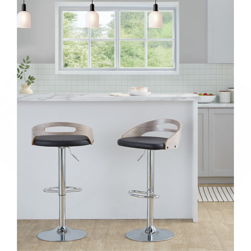 Tabouret de bar réglable avec pivot en métal chromé, bois et similicuir avec repose-pieds ovale