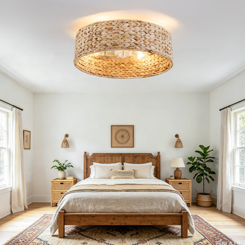 Ventilateur de plafond encastré en rotin 20 pouces avec lumières et télécommande Boho
