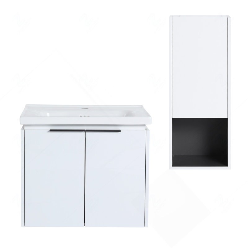 Meuble-lavabo mural modulaire de 24 pouces avec lavabo en céramique, armoire latérale et portes à fermeture en douceur