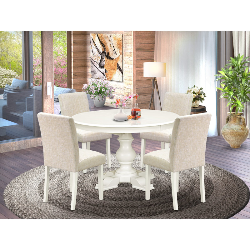 5-Piece Dining Room Table Set 4 Upholstered Chairs with Linen Fabric and Round/Oval shape Table - Linen White Finish