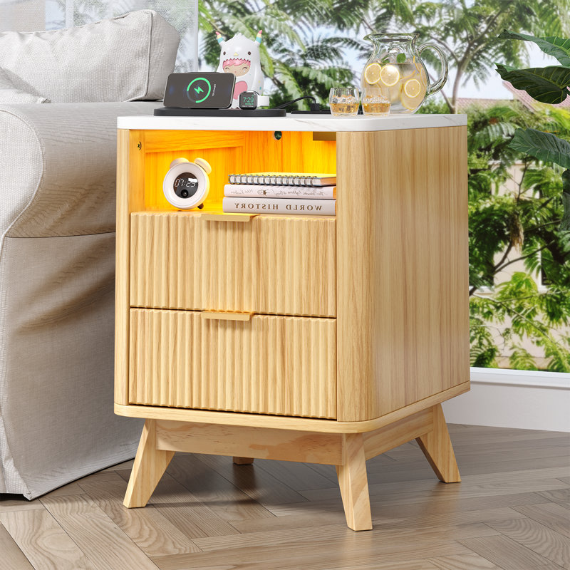Nightstand with Charging Station, Fluted Nightstand with LED Lights, Modern Rustic Side Table with 2 Storage Drawers, Wooden End Table for Bedroom