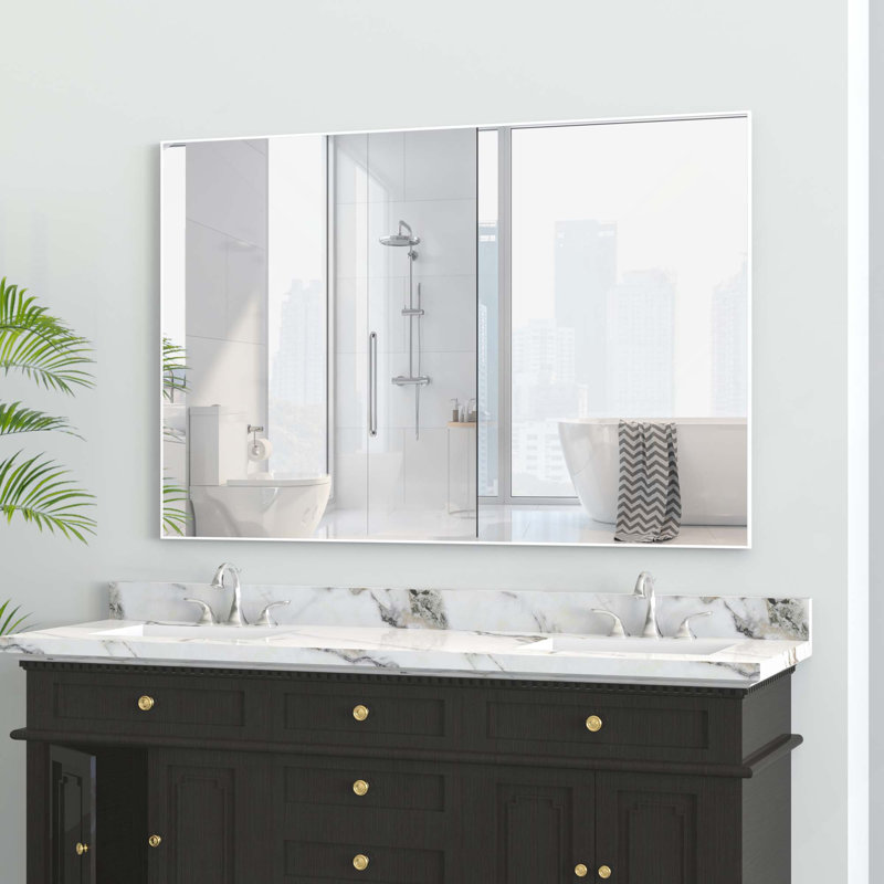 Oversized Vertical Horizontal Hanging Aluminum Framed Bathroom Wall Mount Mirror For Bedroom, Living Room, White, 32" x 48"
